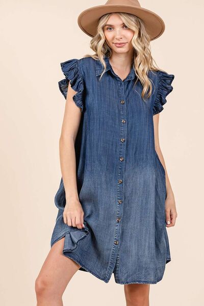 Mittoshop Washed Chambray Ruffle Sleeve Buttoned Mini Dress