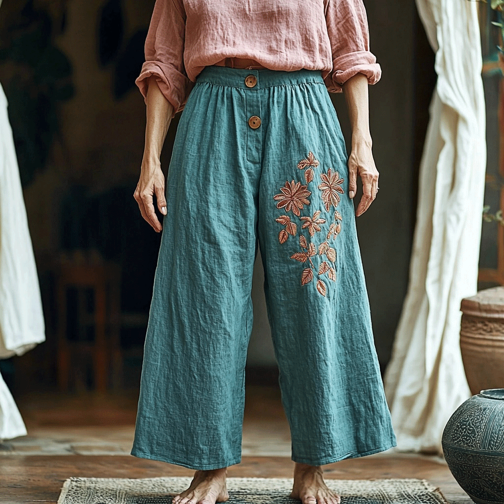 Women's Linen Ethnic Bohemian Floral Wide-leg Trousers