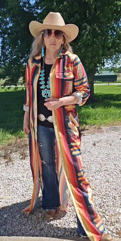 Southwestern Aztec Long Shirt Dress Duster