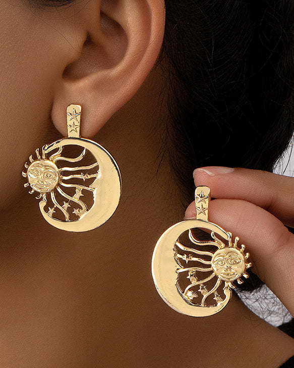 Metal Retro Moon Sun Face Portrait Earrings