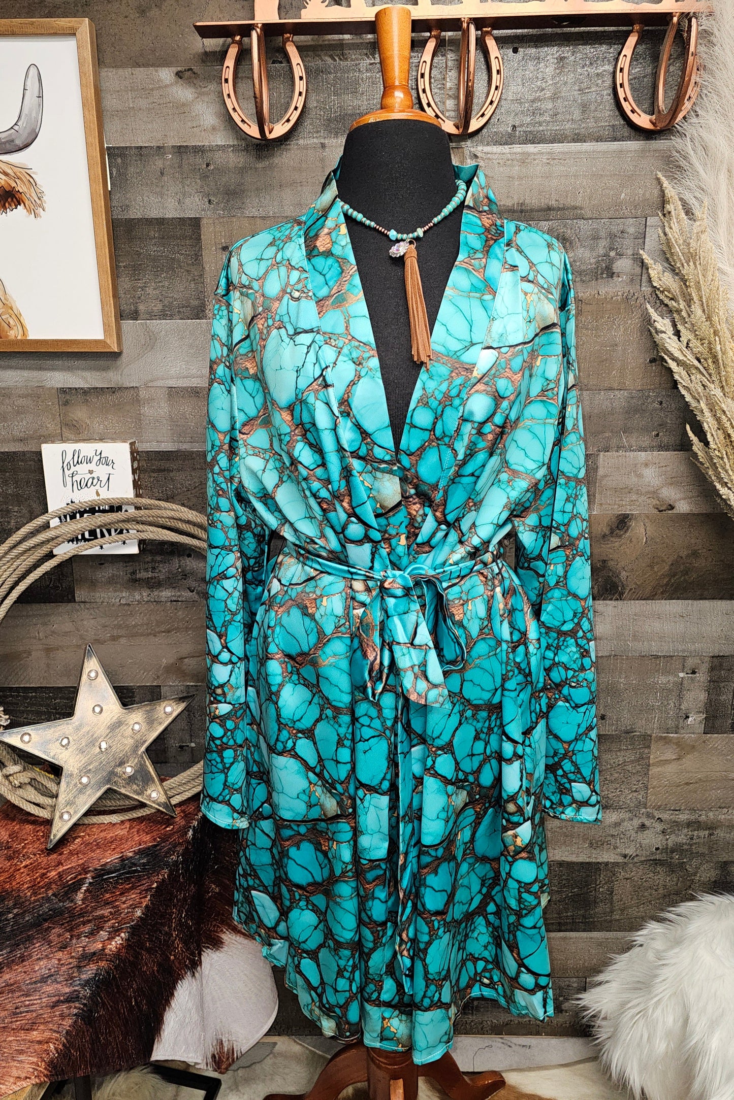 All Turquoise Women's Long Sleeve Belted Satin Feel Dressing Lounge Robe