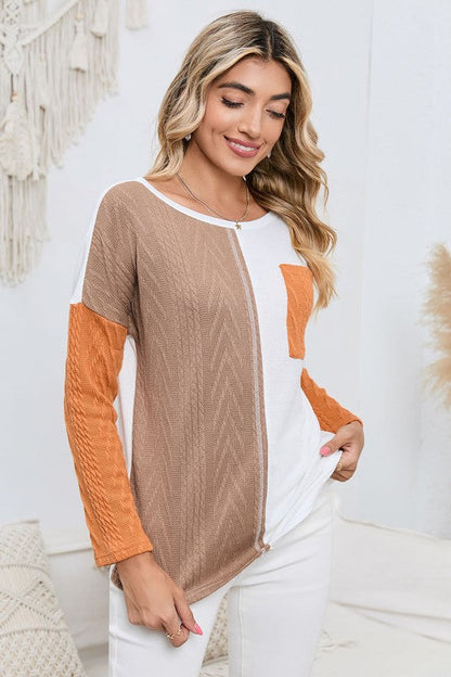 Cable knit color block round neck lightweight top