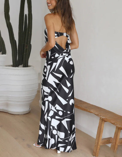 Satin Geometric Print Off Shoulder Maxi Dress