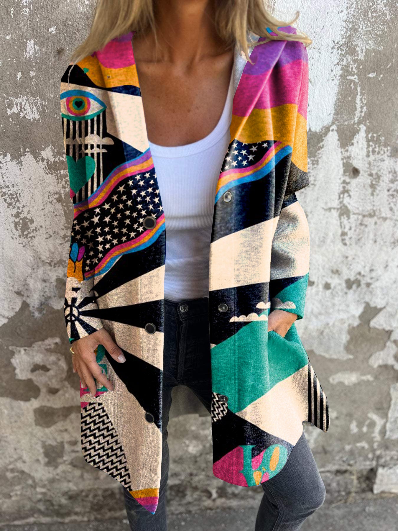 Retro Psychedelic Hippie Print Button Hooded Jacket