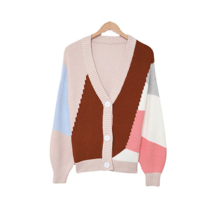 Women's V-neck Knitted Cardigan Sweater Contrast Color Jacket