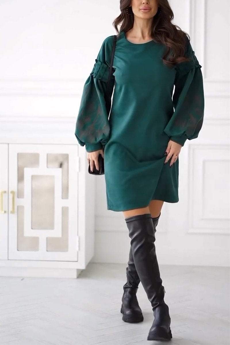 Women's Casual Round Neck Puff Sleeve Short Dress