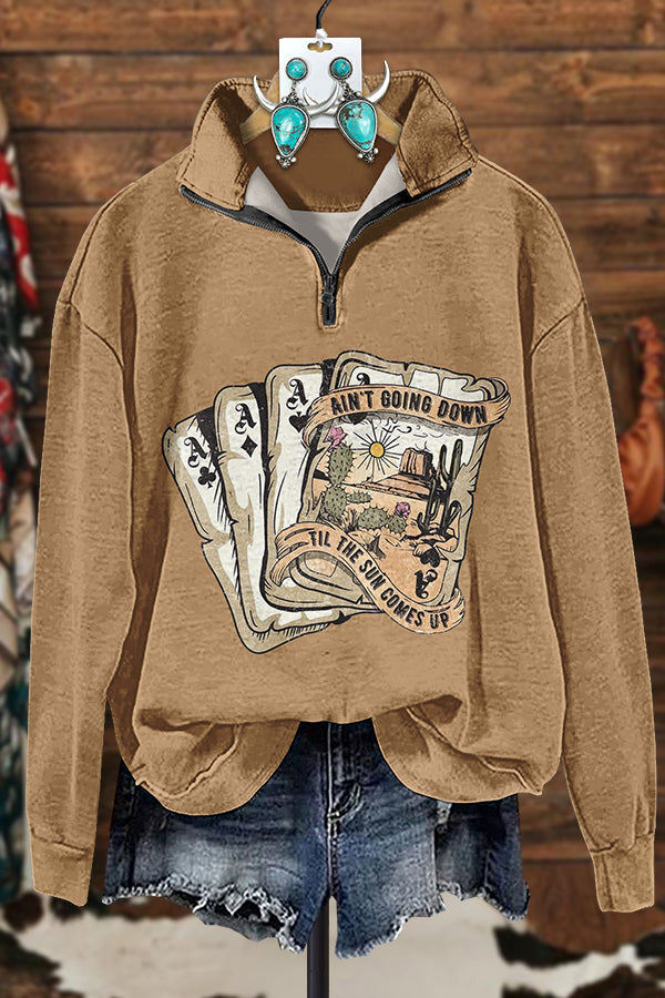 Western Print Playing Card Zipper Sweatshirt