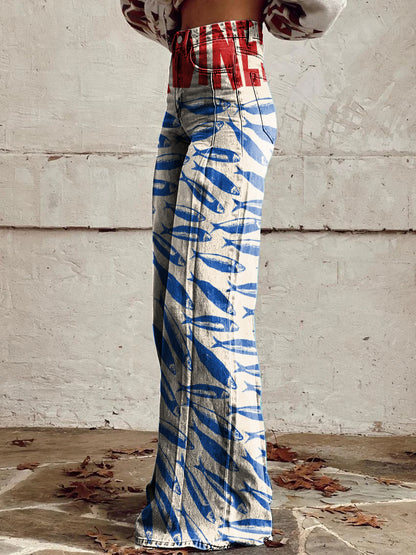 Women's Vintage Sardines Print Casual Wide Leg Pants