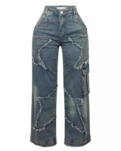 Star Tassel Raw Edge Loose Straight Casual Jeans