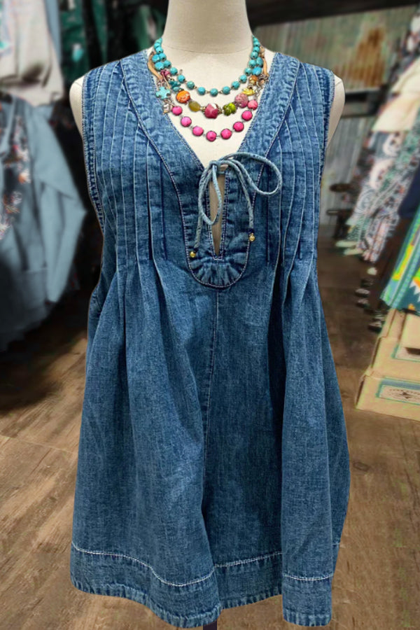 Solid V-Neck Pleated Denim Romper