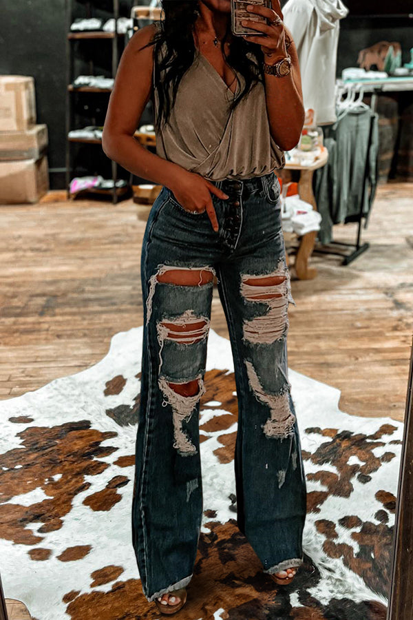 Retro Washed Distressed Wide Leg Jeans