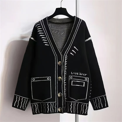 Sweater Black And White Profile Jacquard Loose Knitted Women's Cardigan