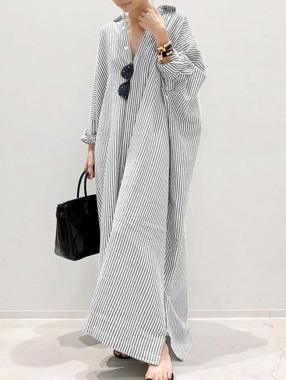 Puff Sleeve Stripe Printed Maxi Dress