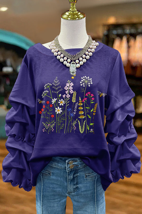 Sweet Wildflowers Print Pleated Sweatshirt