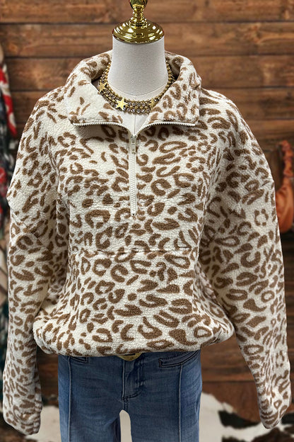 Vintage Leopard Sherpa Zip-Up Sweatshirt