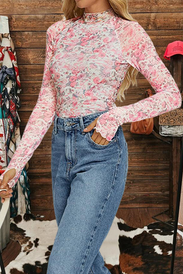 Fashion Floral Mockneck Mesh T-shirt