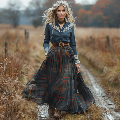 Women's Retro Plaid V-neck Long-sleeved Long Skirt Pastoral Style Dress