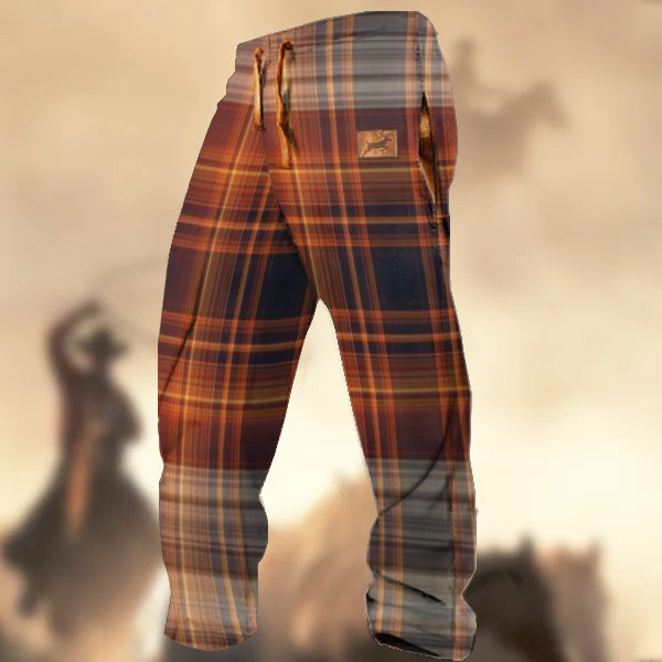 Men's Retro Country Western Christmas Check Elk Pint Casual Sweatpants