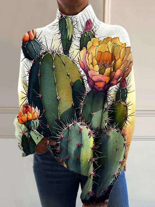 Vintage Cactus Flower Art Print Knit Turtleneck Pullover Sweater