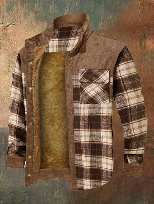 Men's Warm Thickened Corduroy Plaid Patchwork Jacket