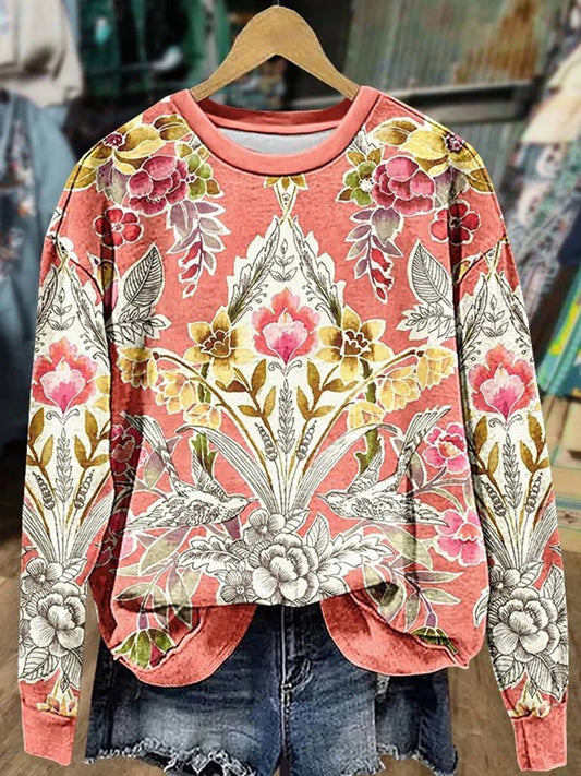 Pink Flower Print Casual Sweatshirt