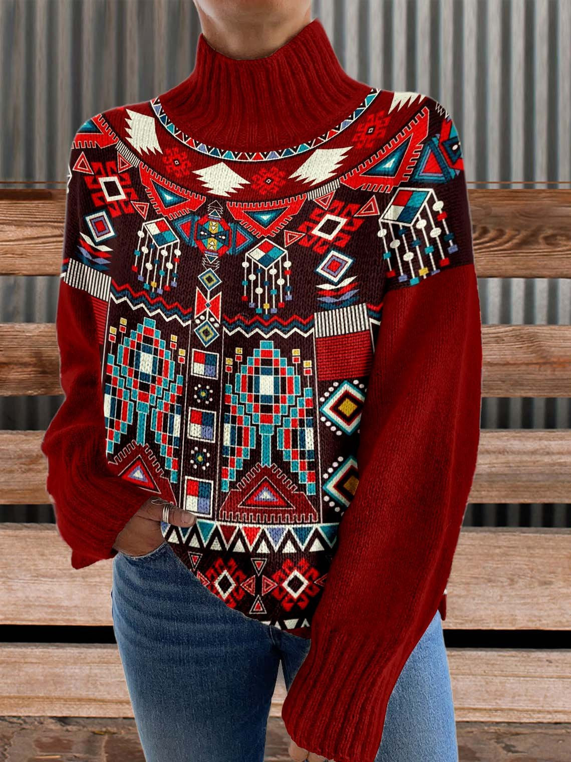 Red Print Knit Turtleneck Pullover Sweater