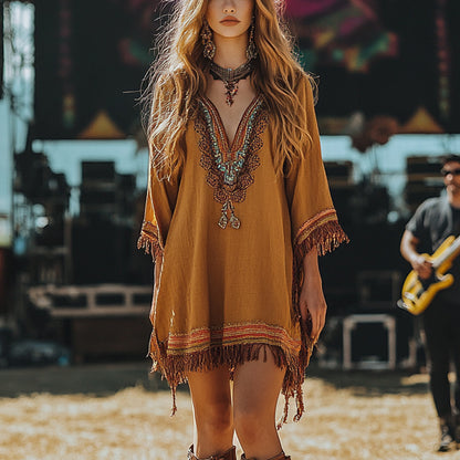 Music Festival Rock Rave Party Vintage Wasteland Ethnic Lace Tassel Floral Linen Dress