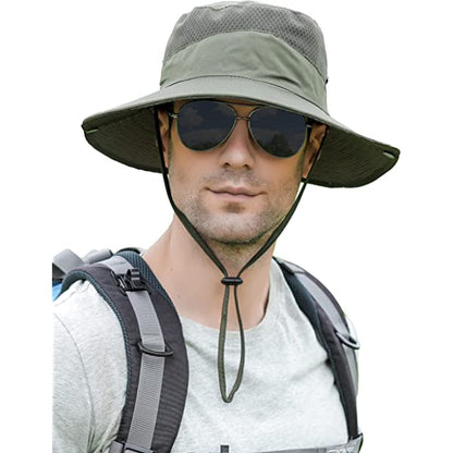 Mens Womens Sun Hat Wide Brim Breathable Mesh UPF 50+ Waterproof Fishing Hat Safari Hat Foldable Boonie Cap A-khaki