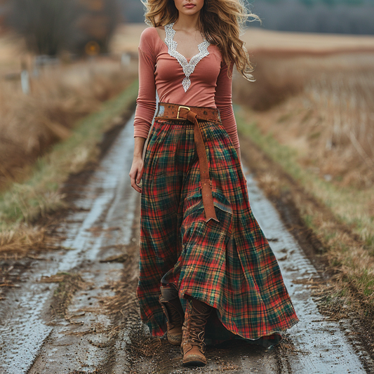 Women's Retro Plaid V-neck Long-sleeved Long Skirt Pastoral Style Dress