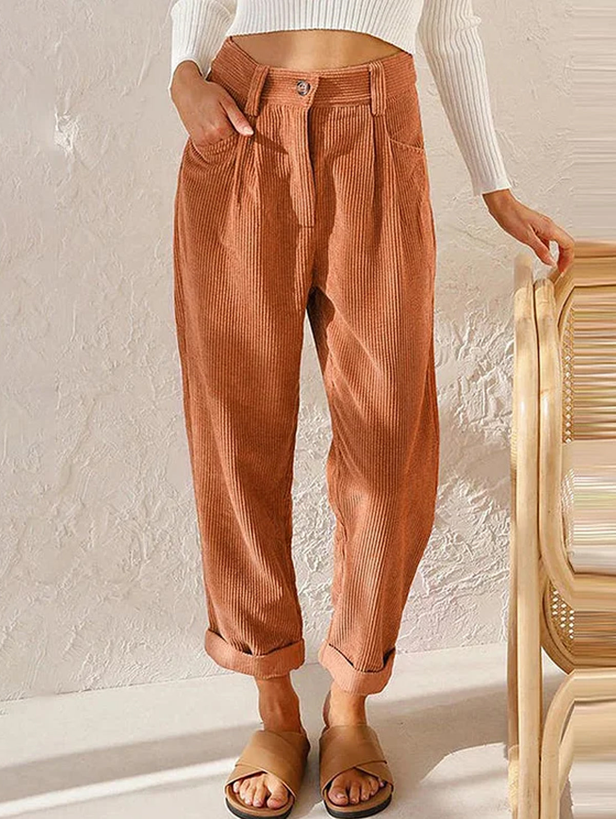 Casual Solid High Waist Pocket Straight Leg Corduroy Pant