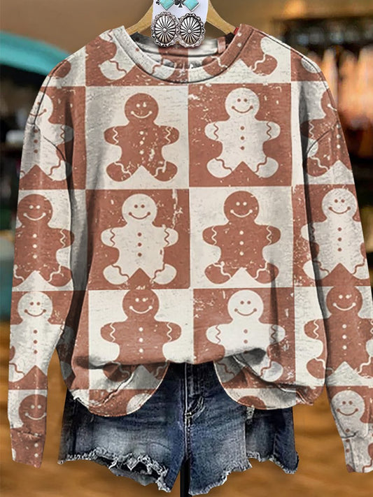 Retro Gingerbread Man Print Casual Sweatshirt