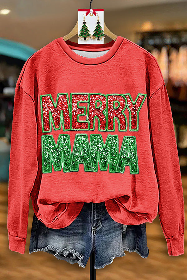 Shiny Merry Mama Sequin Print Sweatshirt