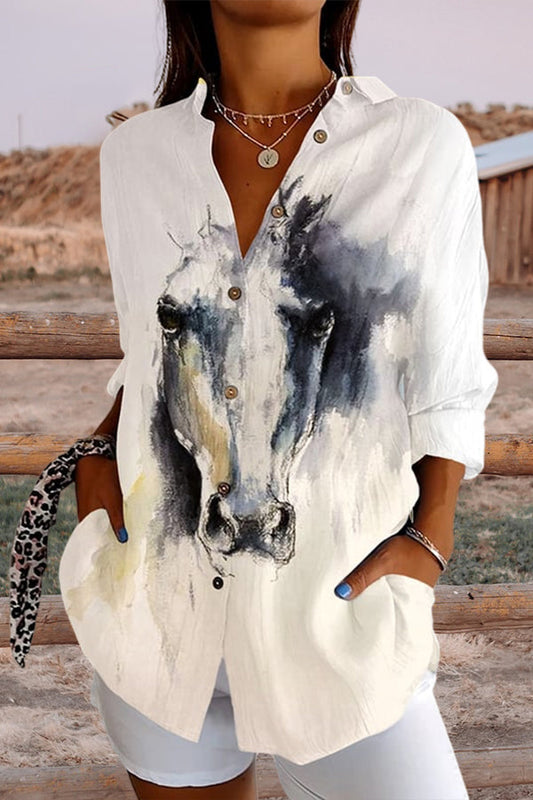 Women's Vintage Western Horse Art Print Shirt