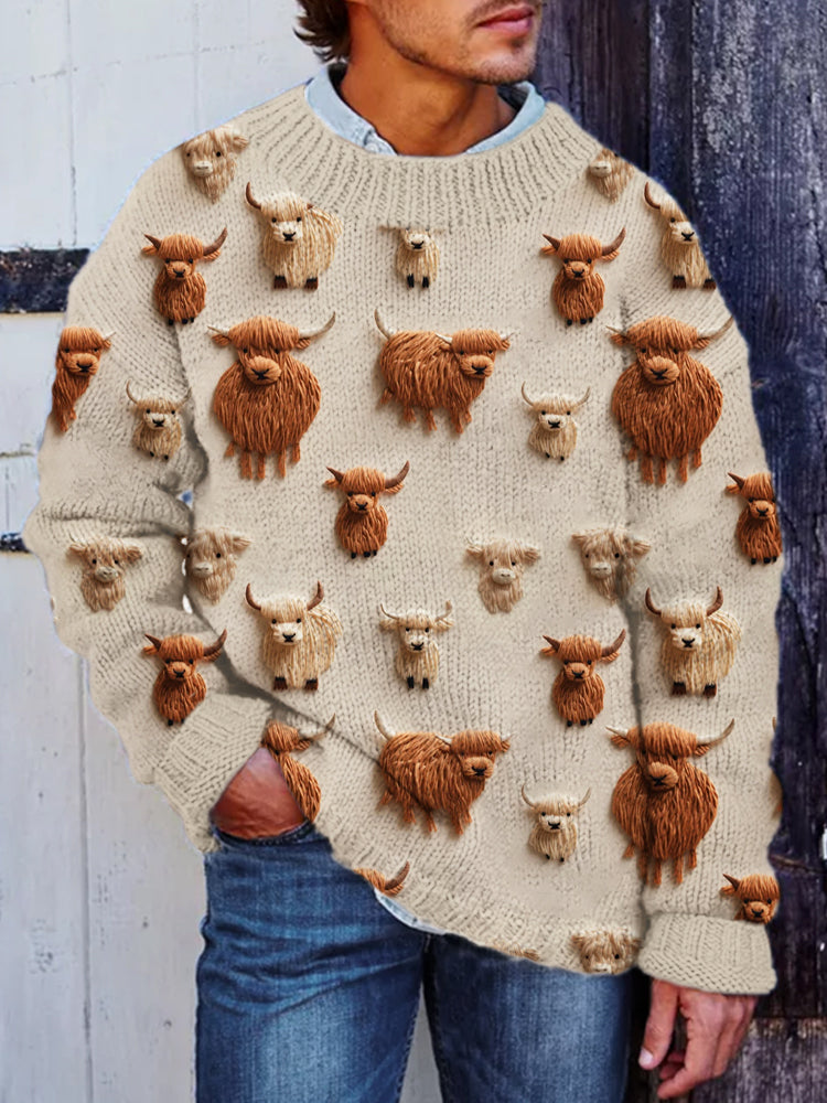 Farm Animal Highland Cow Faux Embroidery Men's Vintage Sweater