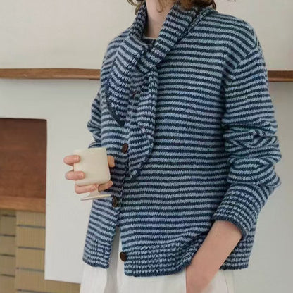 Scarf Knit Cardigan Striped Sweater