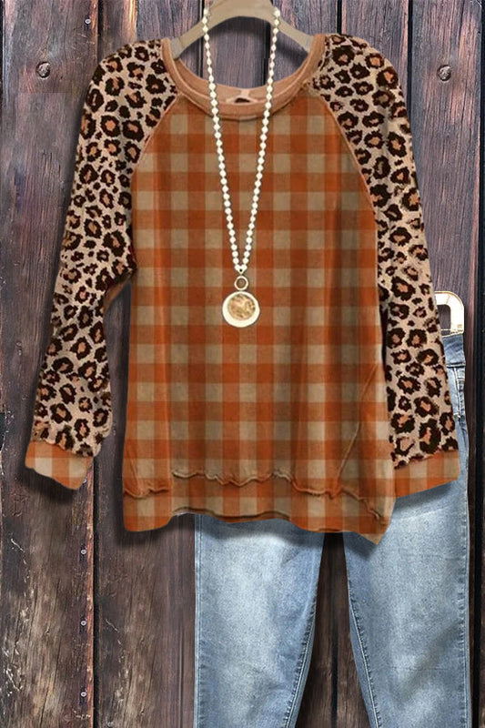 Plaid Leopard Pattern Crew Neck Sweatshirt