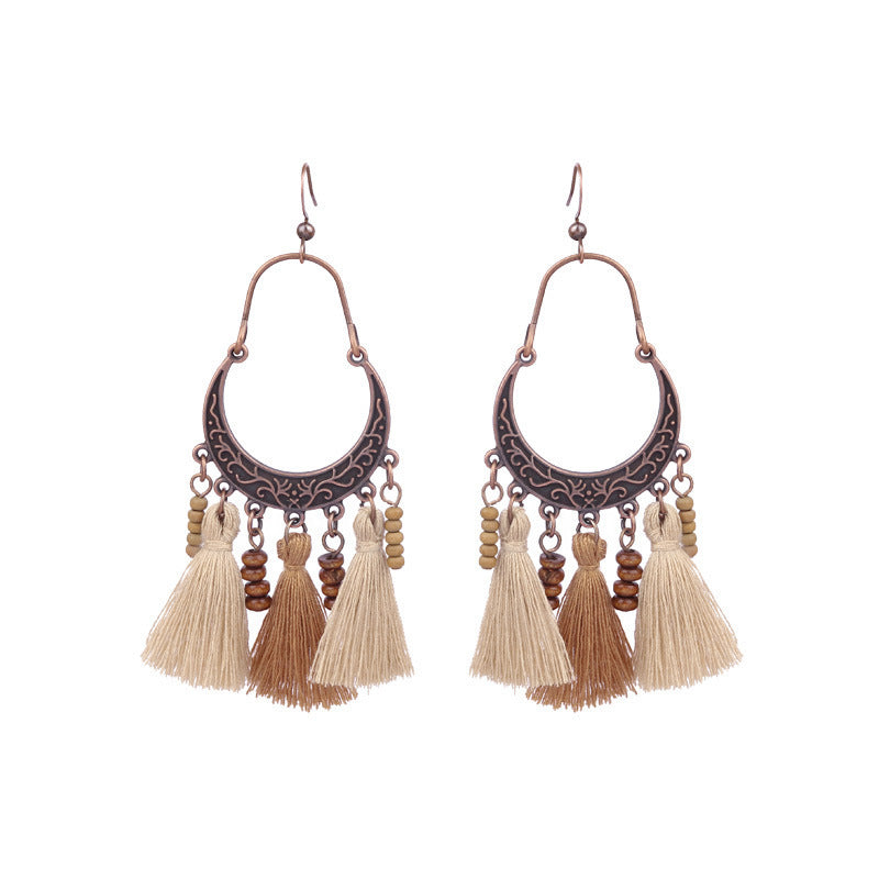 Women's Bohemian Retro Wooden Geometric Tassel Earrings