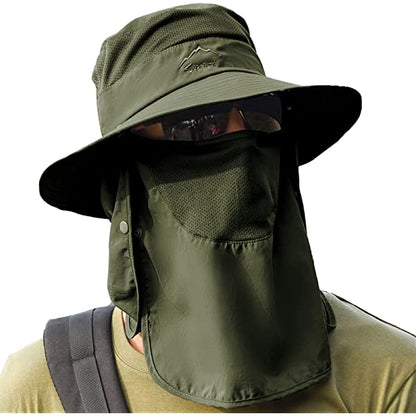 UPF 50+ Sun Fishing Hat for Men Women Wide Brim Hat with Detachable Face Cover & Neck Flap Khaki