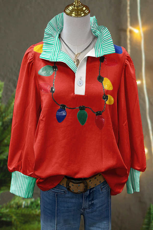 Christmas Lights Print Puff Sleeve Blouse