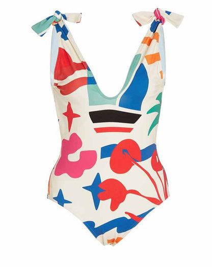 Printed Lace Up Chic One Piece Swimsuit