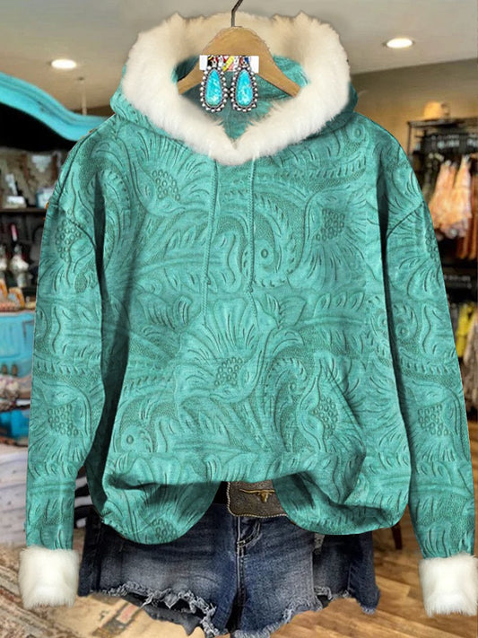 Turquoise Vintage Ethnic Flowers Print Imitation Rabbit Fur Trim Casual Hoodie Sweatshirt