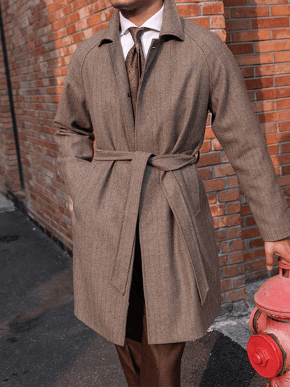 Men's Classic Herringbone Pattern Single-Breasted Open-Pocket Design Casual Woolen Coat (Belt Included)