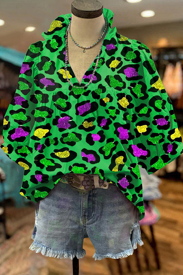 Mardi Gras Leopard Print Ruffle Blouse