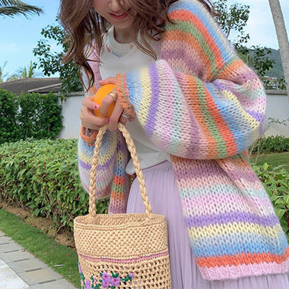 Rainbow Striped Sweater Coat For Women Autumn And Winter Mid-length Loose Color Matching Mohair Knitted Cardigan