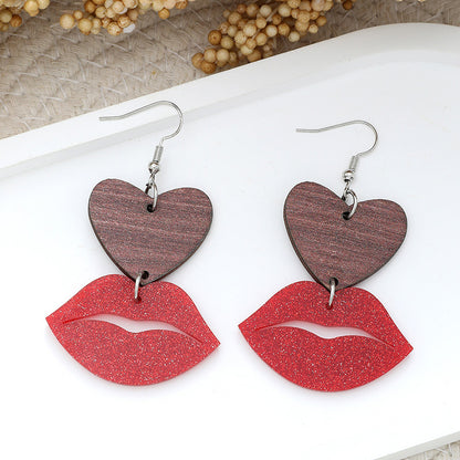 Valentine's Day Wooden Heart Lips Earrings