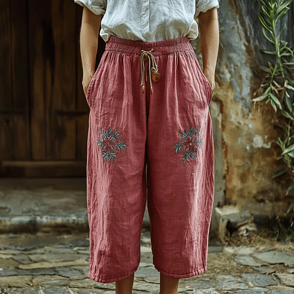 Women's Linen Bohemian Floral Trousers