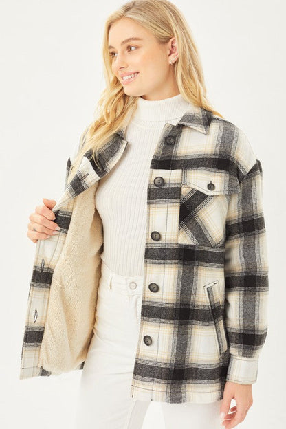 Plaid Button Up Jacket with Sherpa Lining choice of colors