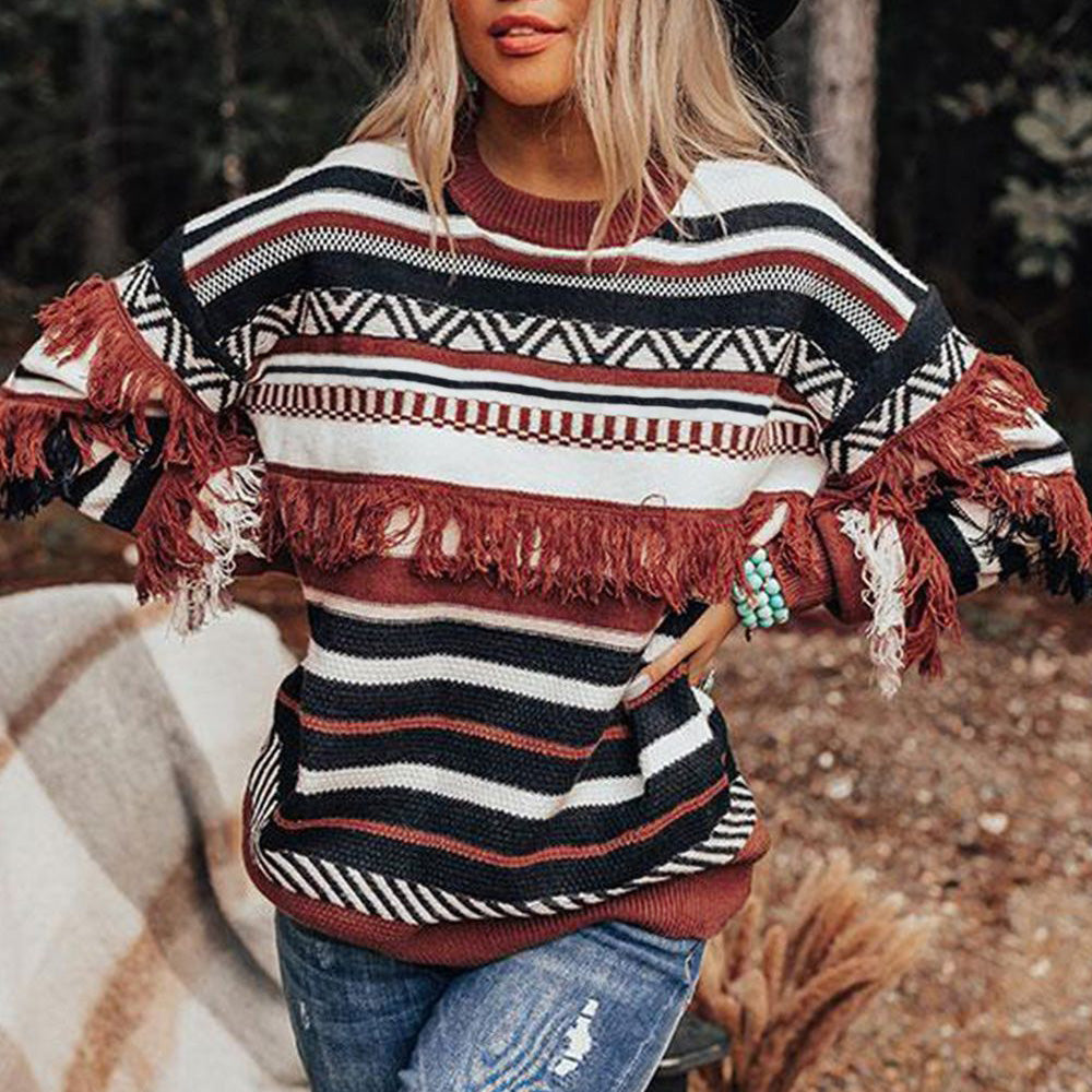 Women's Vintage Ethnic Striped Knit Sweater