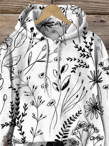 Minimalist Floral Pattern Printed Casual Hoodie Sweatshirt