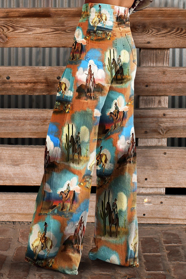 Vintage Wild West Cowboy Art Print Wide Leg Pants